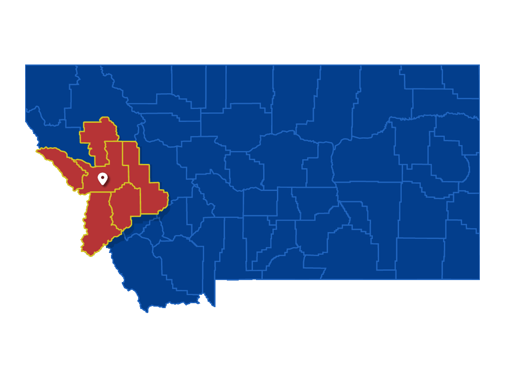 Where We Go - The Counties We Serve - Missoula County, Ravalli, Lake, Mineral, Powell are all filled in red to show were we go